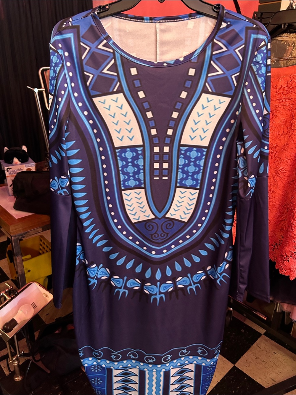 Blue Patterned Long Sleeve Shift Dress